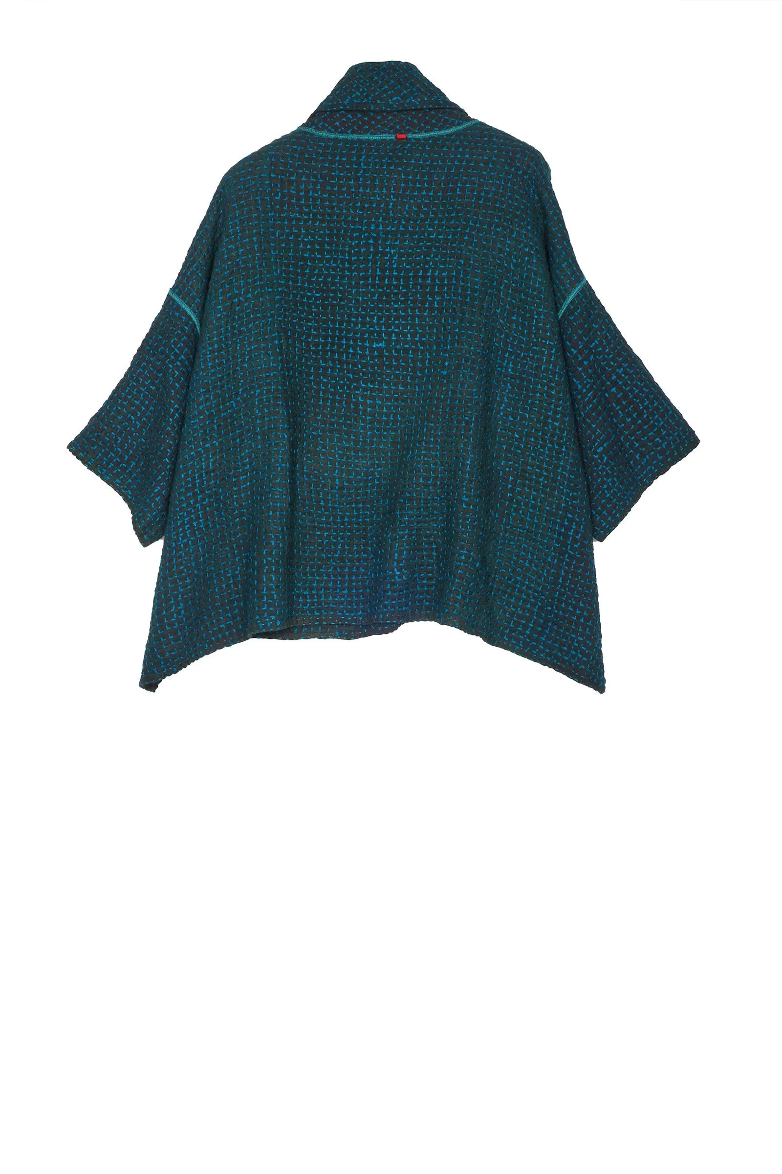 WOOL WAFFLE KANTHA COWL NECK PONCHO - ww3061-tel -