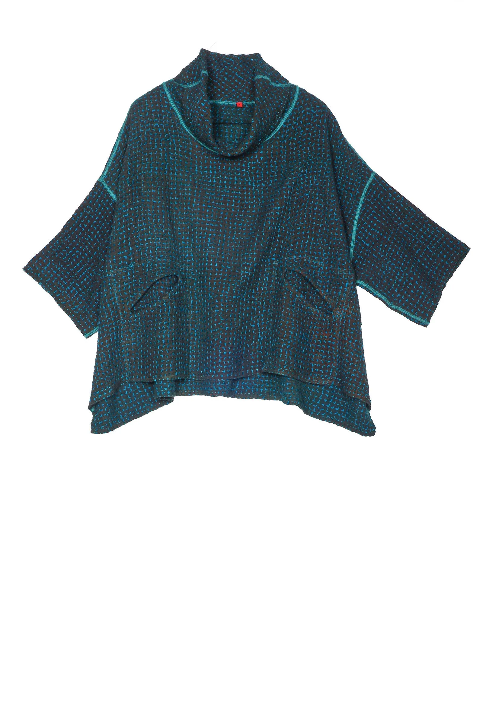 WOOL WAFFLE KANTHA COWL NECK PONCHO - ww3061-tel -