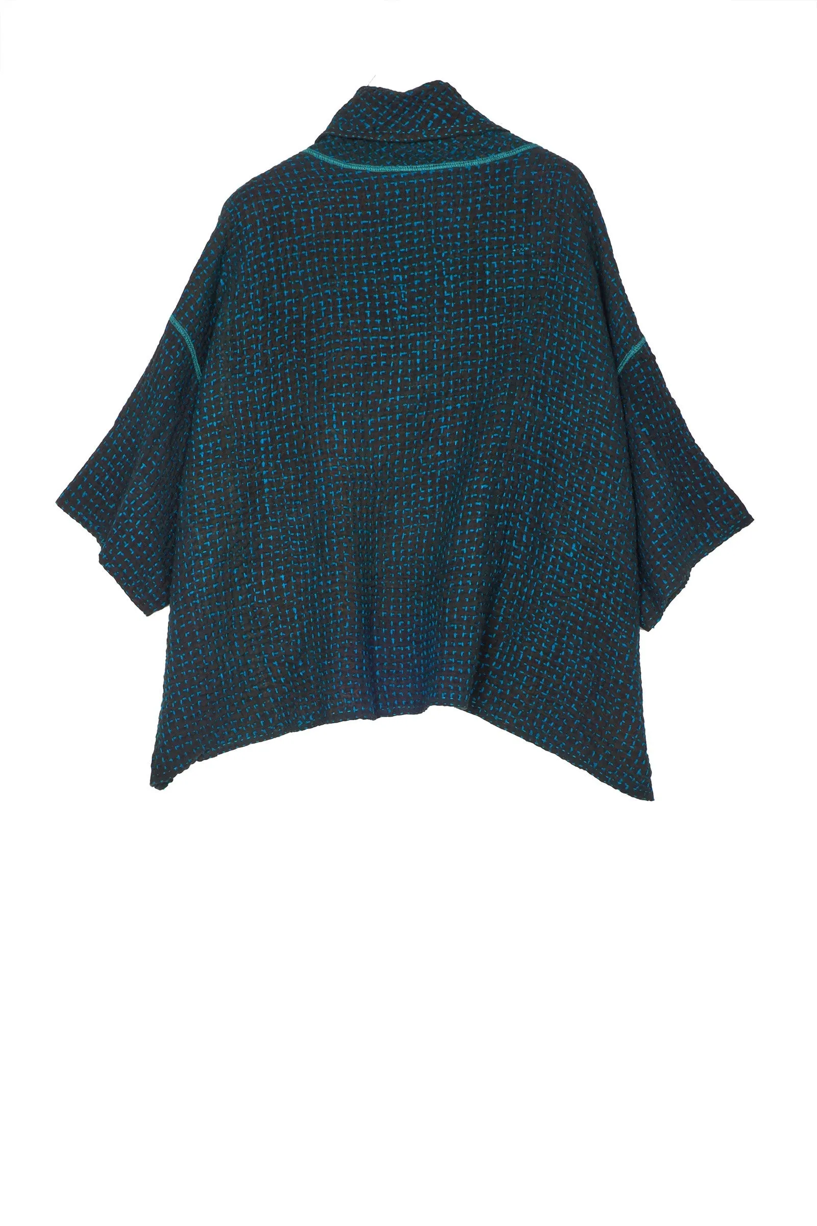 WOOL WAFFLE KANTHA COWL NECK PONCHO - ww3061-tel -