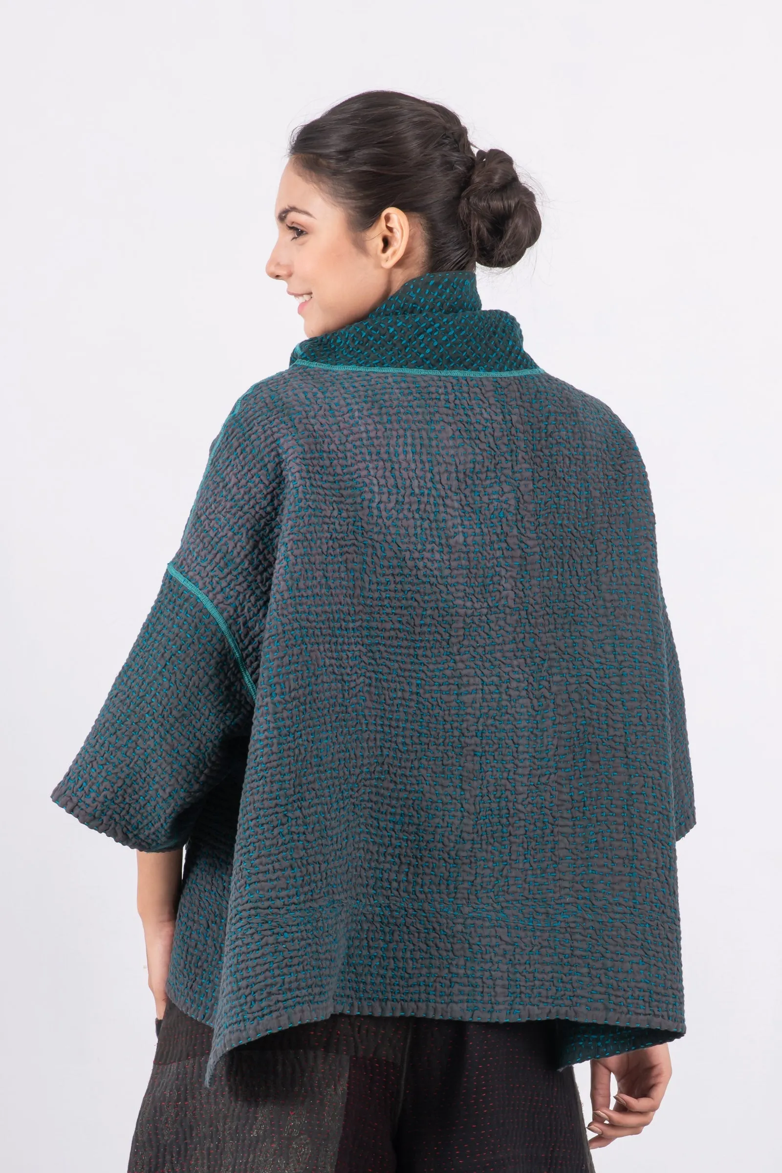 WOOL WAFFLE KANTHA COWL NECK PONCHO - ww3061-tel -