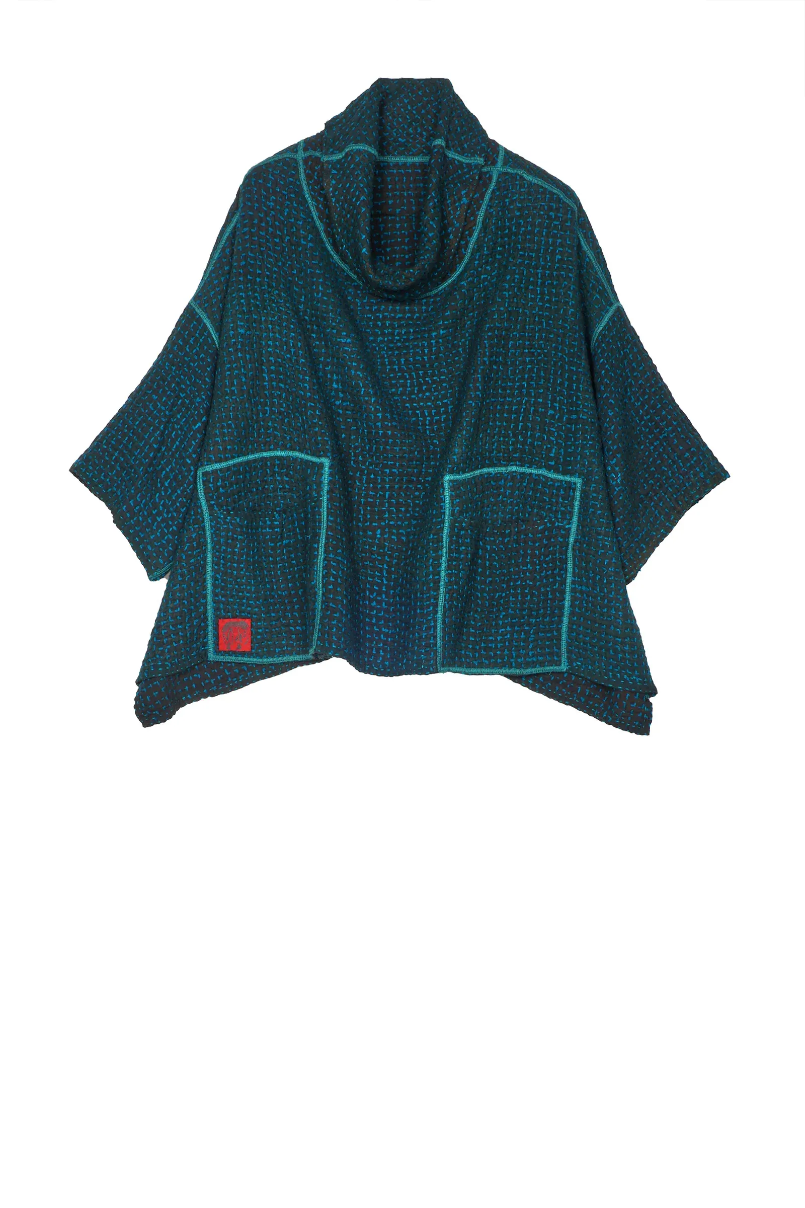 WOOL WAFFLE KANTHA COWL NECK PONCHO - ww3061-tel -