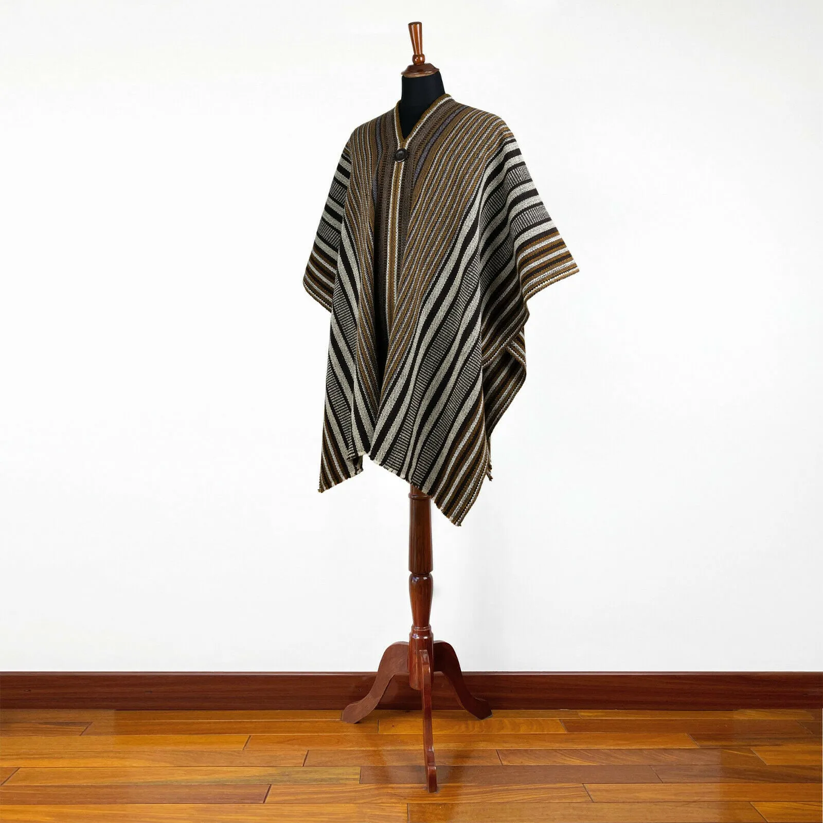 Yacuambi - Llama Wool Unisex South American Handwoven Thick Serape Poncho - striped - brown/gray