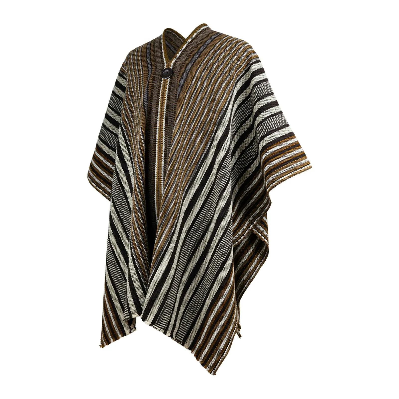 Yacuambi - Llama Wool Unisex South American Handwoven Thick Serape Poncho - striped - brown/gray