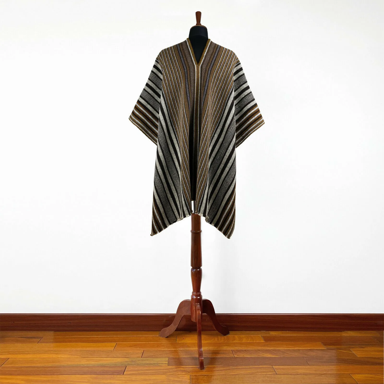 Yacuambi - Llama Wool Unisex South American Handwoven Thick Serape Poncho - striped - brown/gray