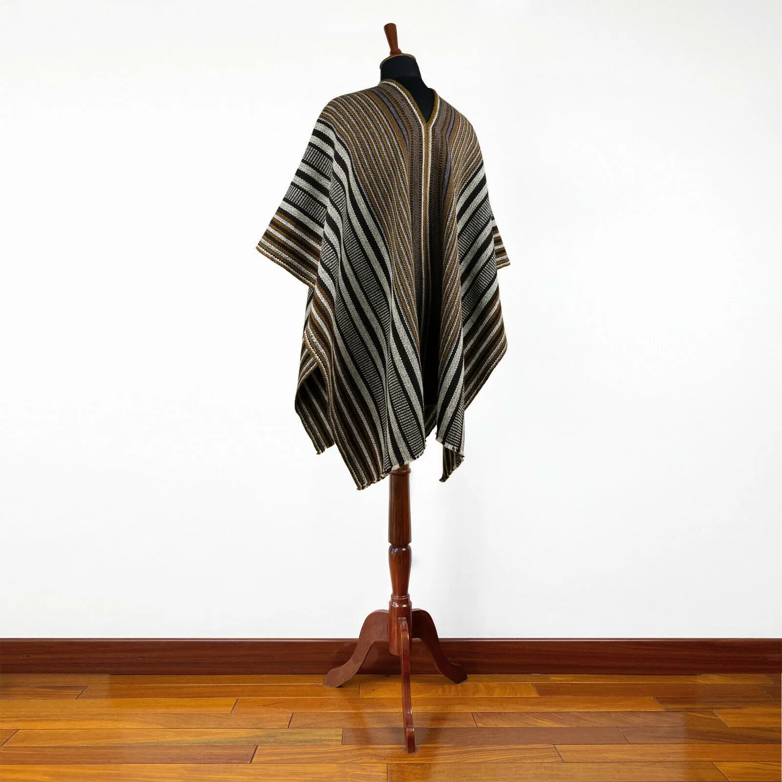 Yacuambi - Llama Wool Unisex South American Handwoven Thick Serape Poncho - striped - brown/gray