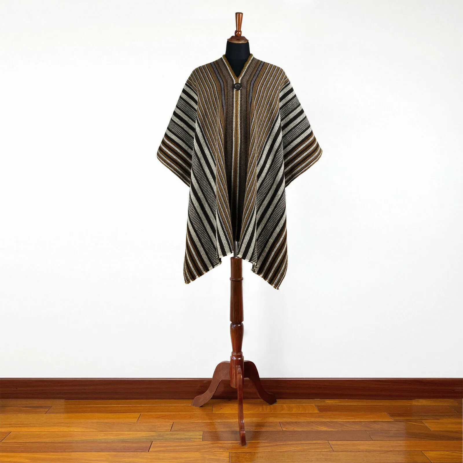 Yacuambi - Llama Wool Unisex South American Handwoven Thick Serape Poncho - striped - brown/gray