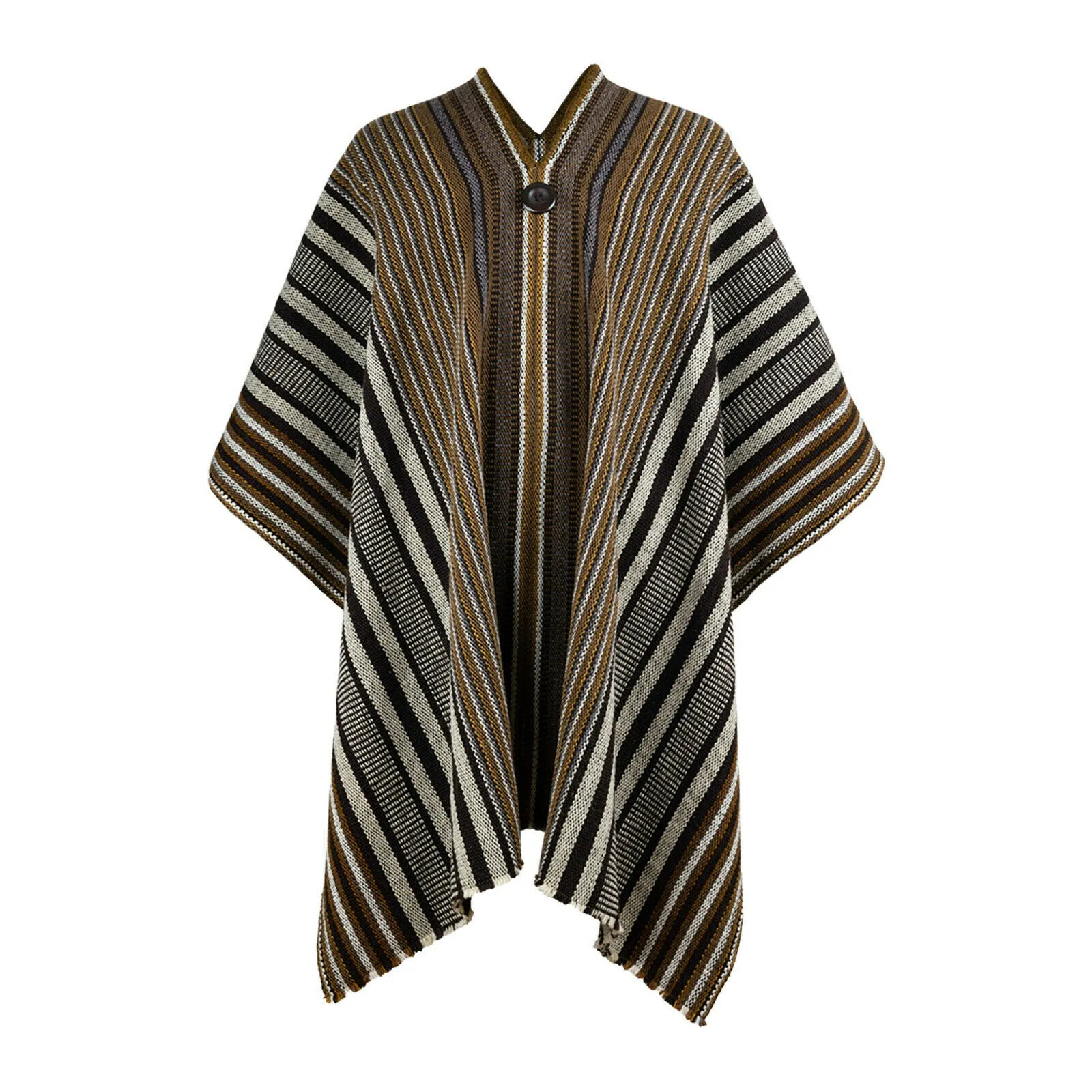 Yacuambi - Llama Wool Unisex South American Handwoven Thick Serape Poncho - striped - brown/gray