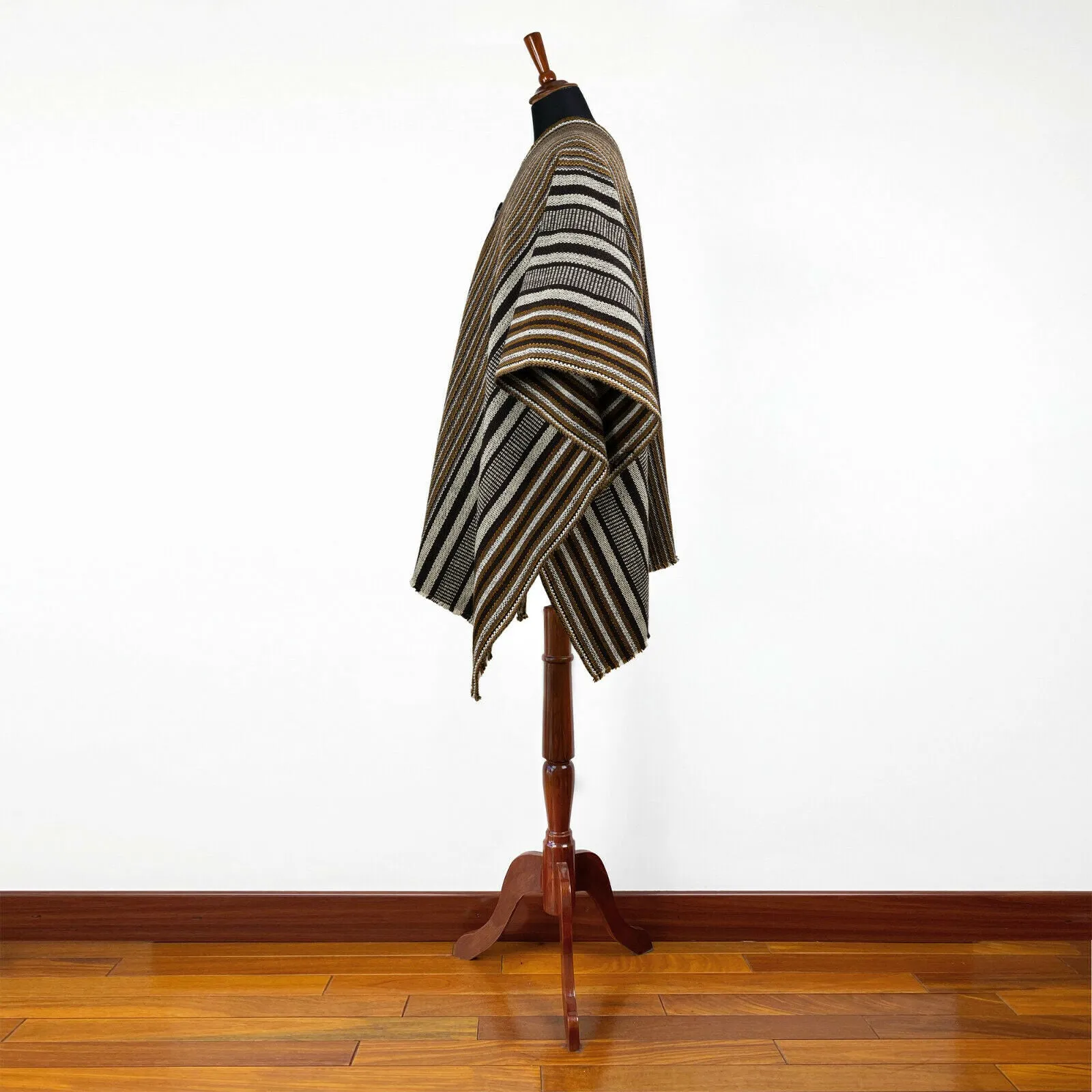 Yacuambi - Llama Wool Unisex South American Handwoven Thick Serape Poncho - striped - brown/gray