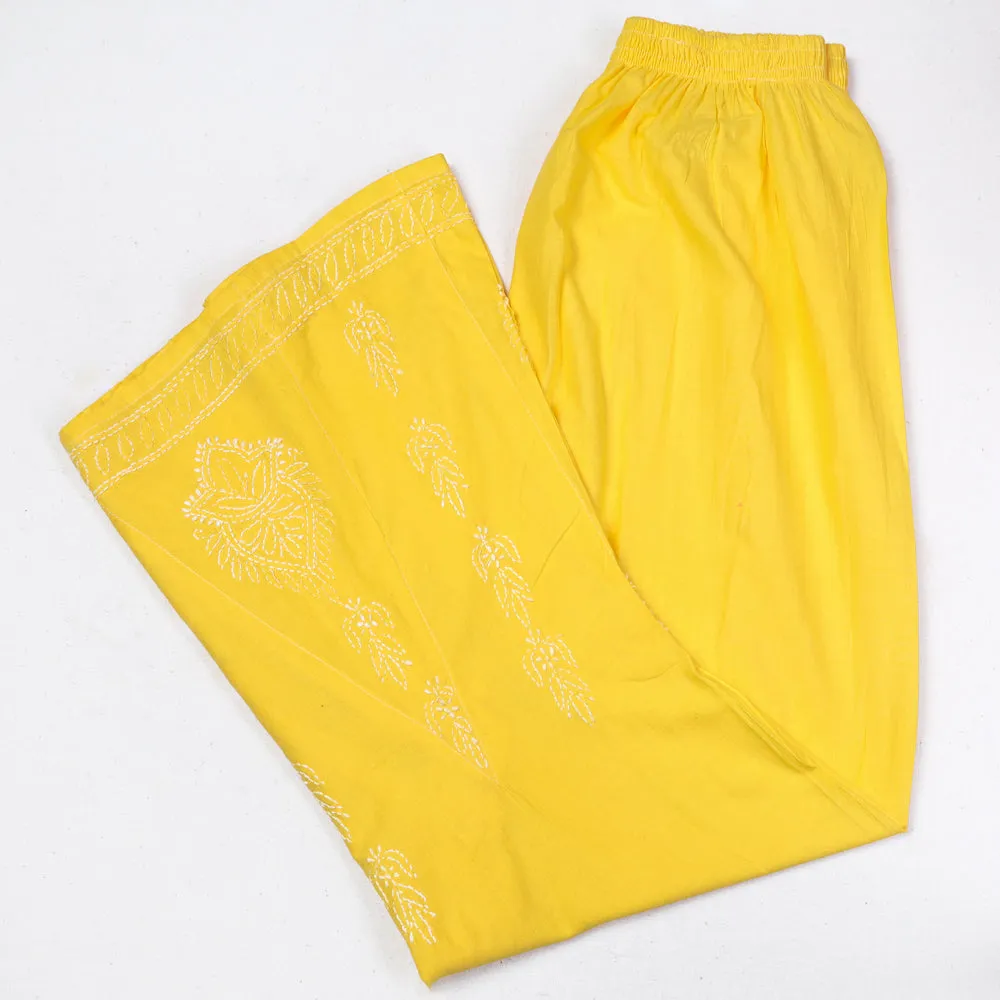 Yellow - Chikankari Hand Embroidery Cotton Palazzo (Free Size)