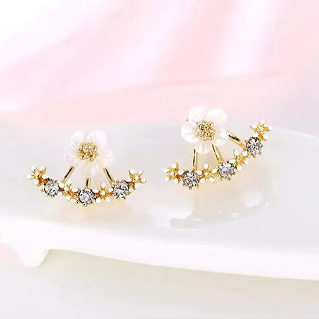 Yellow Chimes Designer White Flower Shaped Jacket Style Gold Plated Cubic Zirconia Stud Earrings For Women and Girl's