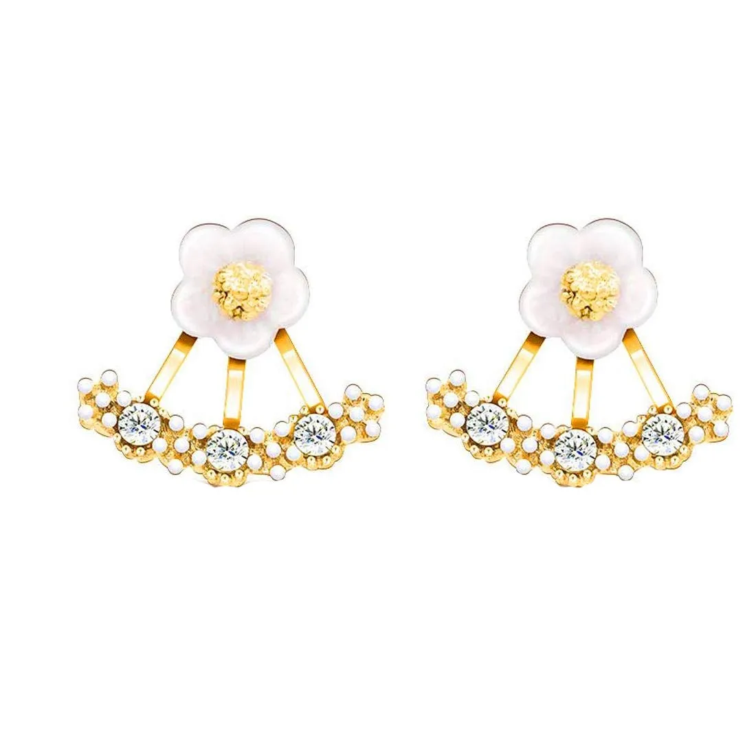 Yellow Chimes Designer White Flower Shaped Jacket Style Gold Plated Cubic Zirconia Stud Earrings For Women and Girl's