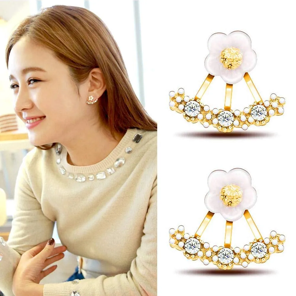 Yellow Chimes Designer White Flower Shaped Jacket Style Gold Plated Cubic Zirconia Stud Earrings For Women and Girl's