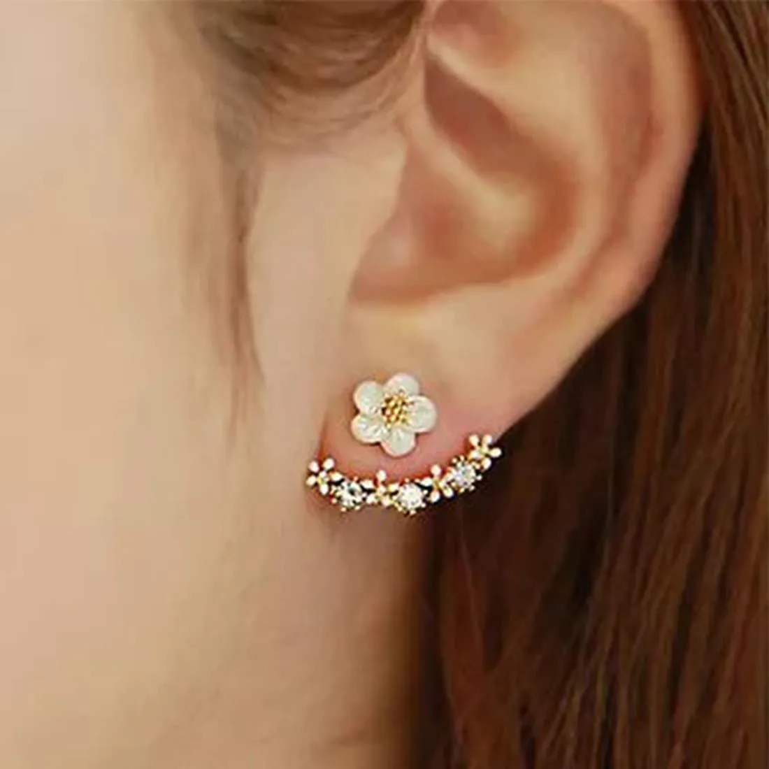 Yellow Chimes Designer White Flower Shaped Jacket Style Gold Plated Cubic Zirconia Stud Earrings For Women and Girl's