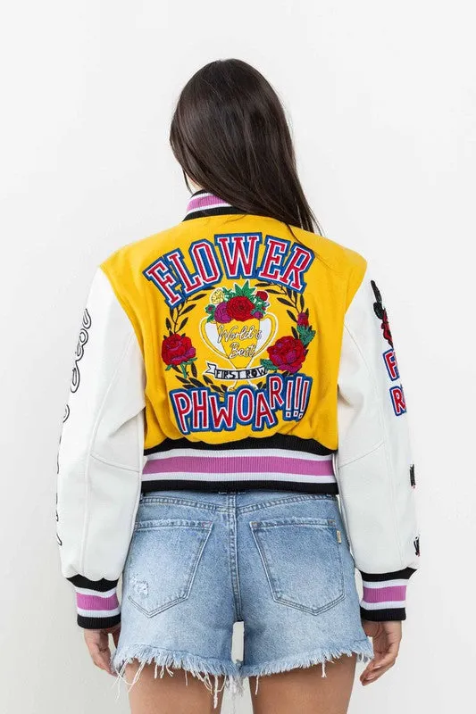 Yellow Flower Phwoar Cropped Varsity Jacket