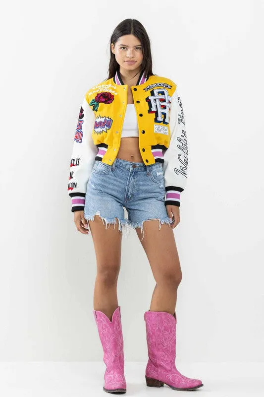 Yellow Flower Phwoar Cropped Varsity Jacket