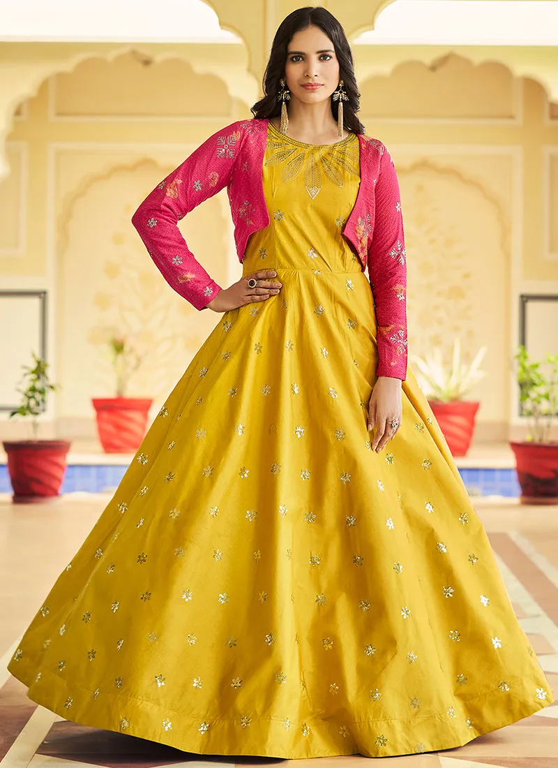 Yellow Sequence Embroidered Anarkali Gown With Jacket