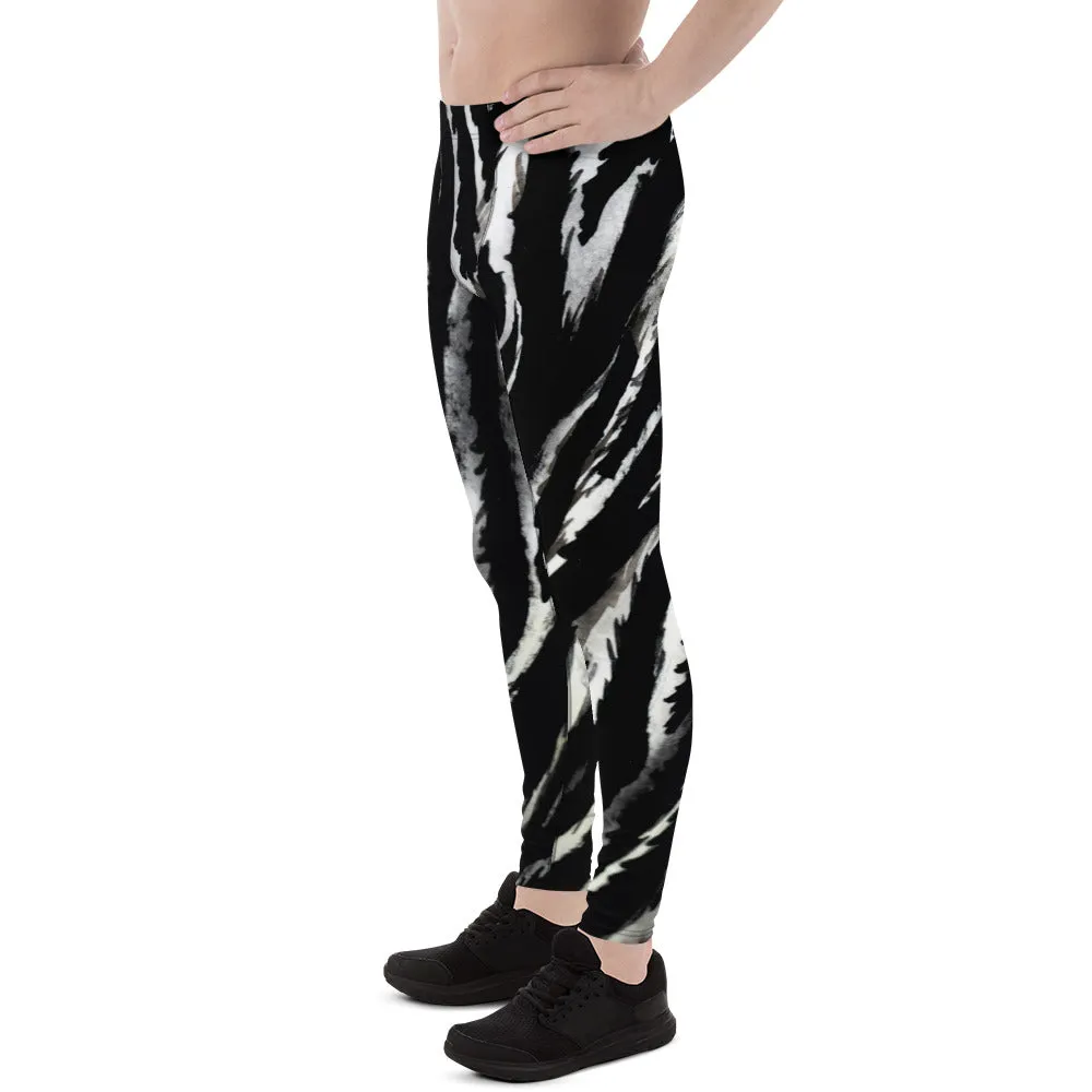 Zebra Stripe Men's Leggings, Black Animal Print Compression Run Tights -Made in USA/EU