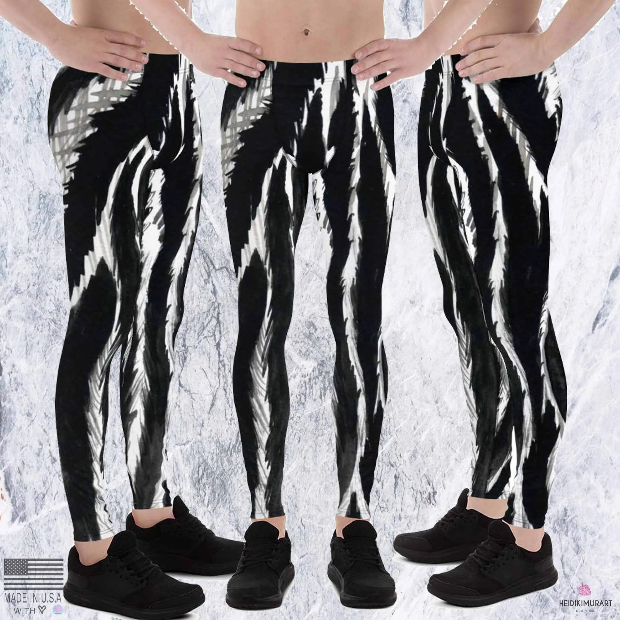 Zebra Stripe Men's Leggings, Black Animal Print Compression Run Tights -Made in USA/EU