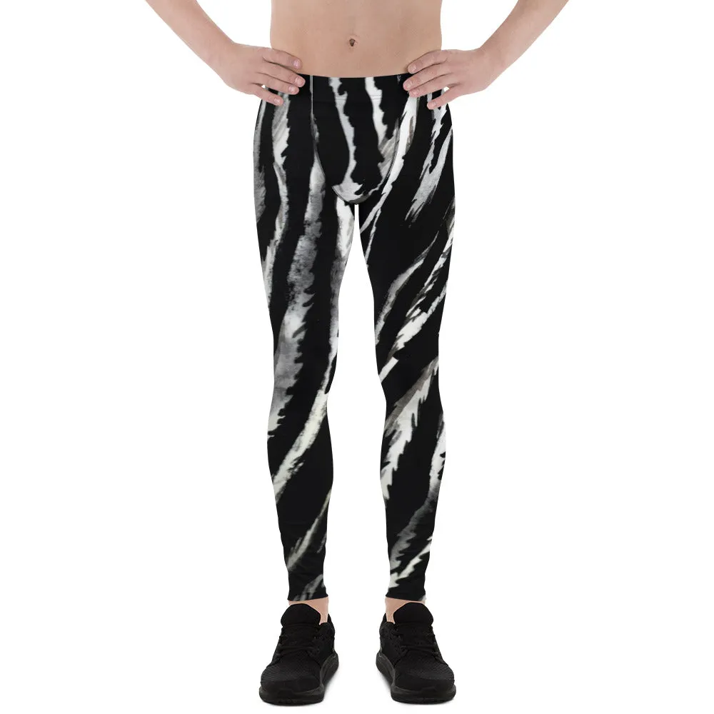 Zebra Stripe Men's Leggings, Black Animal Print Compression Run Tights -Made in USA/EU