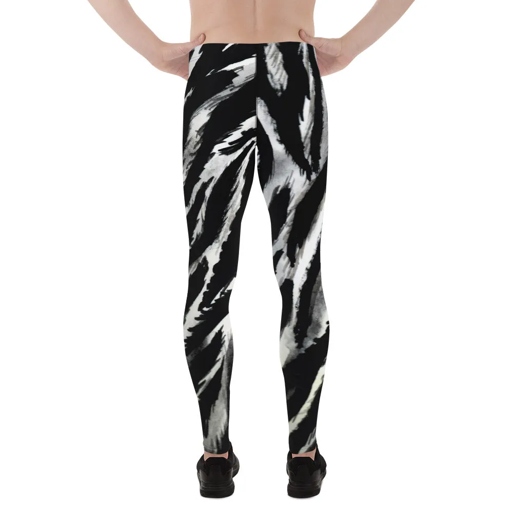 Zebra Stripe Men's Leggings, Black Animal Print Compression Run Tights -Made in USA/EU