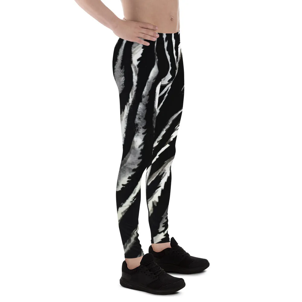 Zebra Stripe Men's Leggings, Black Animal Print Compression Run Tights -Made in USA/EU