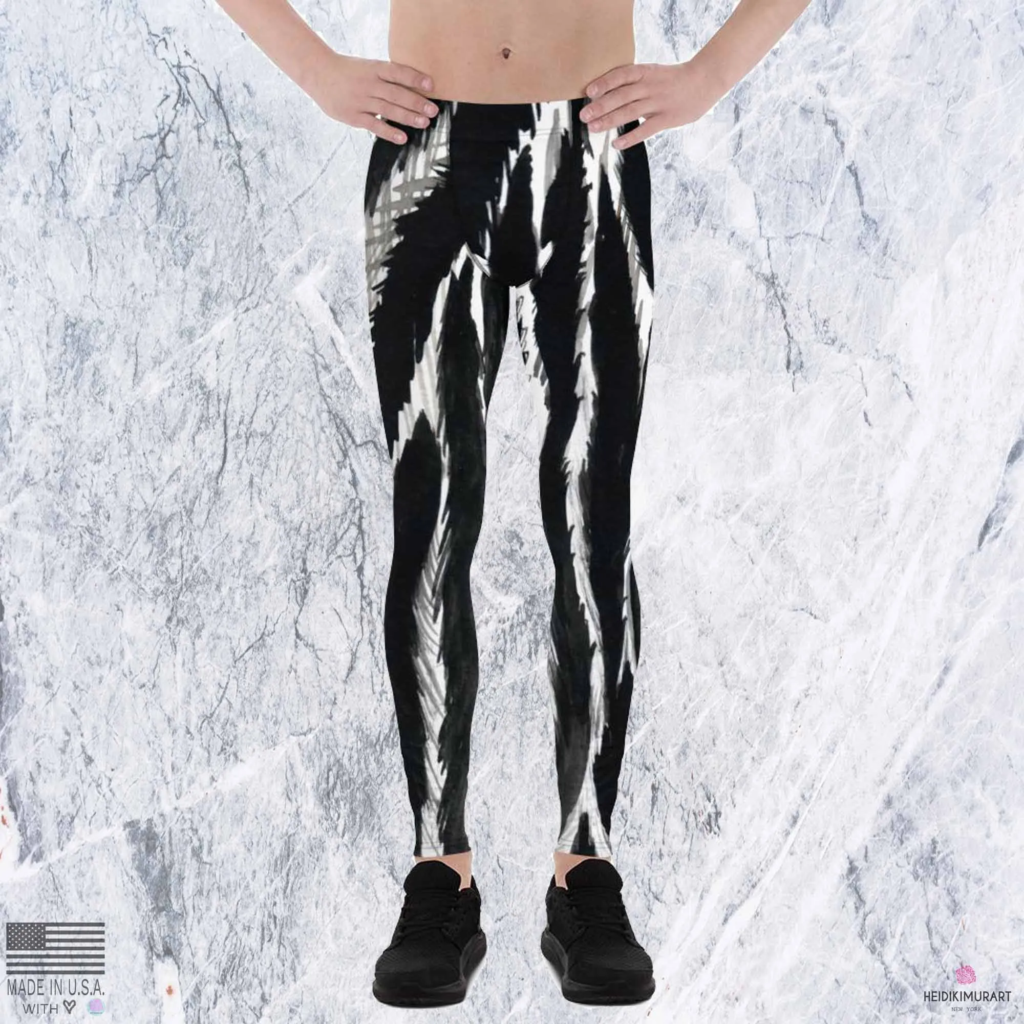 Zebra Stripe Men's Leggings, Black Animal Print Compression Run Tights -Made in USA/EU